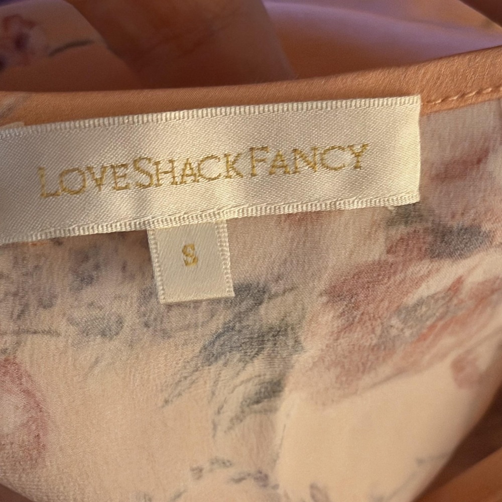 LoveShackFancy Blouse Womens Small Pink 100% Silk Floral Button Front Satin Top - Picture 12 of 16